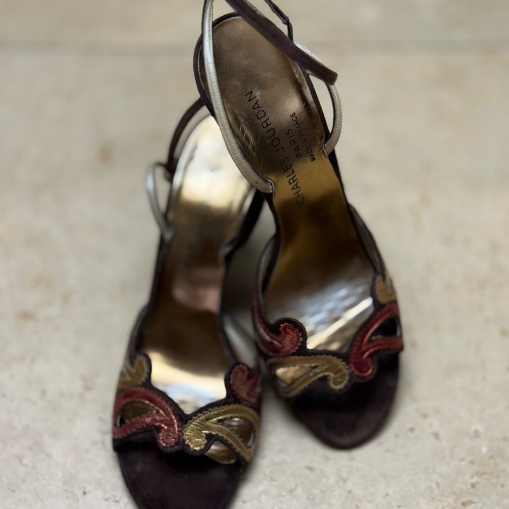 Charles Jourdan Paris Embroidered Suede Slingback Heels